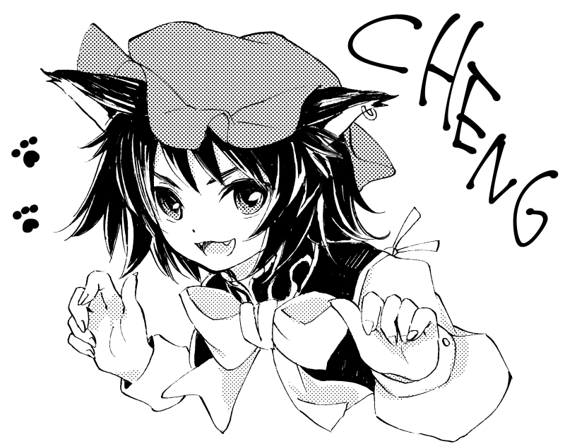 :3 animal_ears bow cat_ears character_name chen fangs greyscale hat makuwauri monochrome open_mouth paw_print ribbon simple_background solo touhou white_background