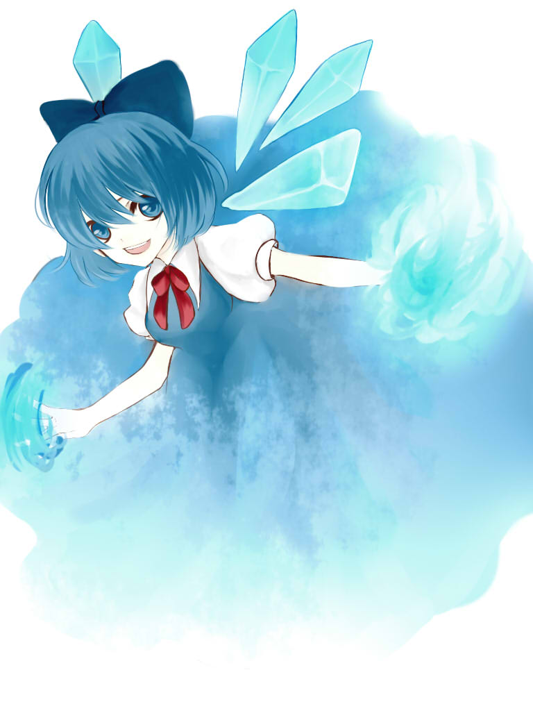 blue_eyes blue_hair cirno dress looking_at_viewer onizuka_mari open_mouth simple_background solo touhou wings