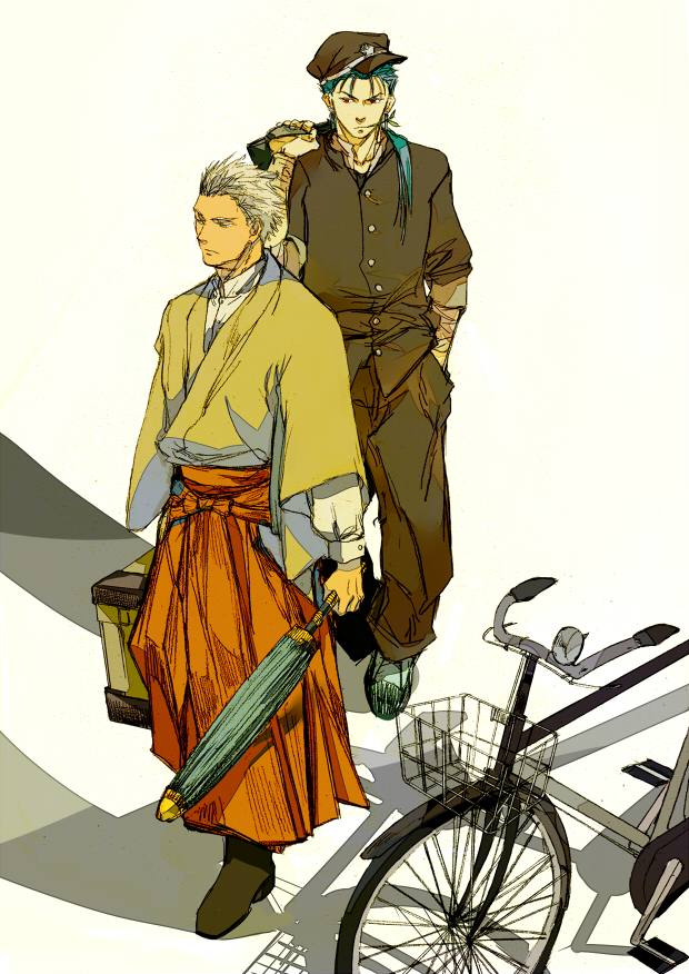 archer arms_at_sides bad_id bad_pixiv_id bicycle bicycle_basket blue_hair crimo fate/stay_night fate/zero fate_(series) flat_cap gakuran ground_vehicle hair_over_shoulder hakama hand_in_pocket hat holding holding_umbrella jacket japanese_clothes kimono lancer long_hair long_sleeves looking_away male_focus multiple_boys orange_hakama pants ponytail red_eyes school_uniform shosei standing suitcase umbrella white_hair