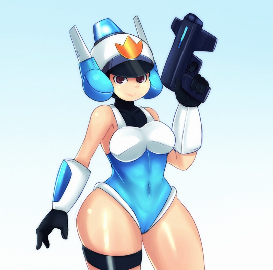 alarm_siren bad_id bad_tumblr_id black_gloves blue_leotard breasts brown_eyes cameltoe covered_navel curvy gloves gun handgun large_breasts leotard mato_spectoru mighty_(series) mighty_switch_force! patricia_wagon pistol police robot_ears solo thick_thighs thighs weapon