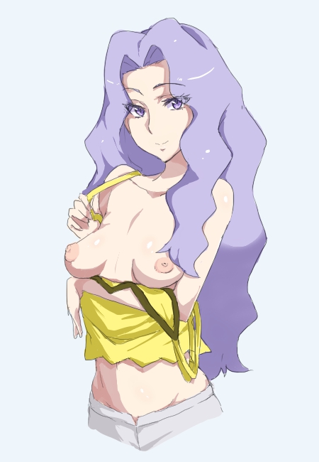 1girl areolae bare_shoulders blue_hair breast_hold breasts breasts_outside collarbone denim elite_four erect_nipples jeans karin_(pokemon) long_hair looking_at_viewer midriff nintendo nipples no_bra pants pokemon pokemon_(game) purple_eyes purple_hair shiny shiny_skin smile solo tank_top topless undressing wigglytuff_(artist) wigglytuff_(pokeacc)