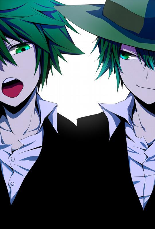character_request evil_grin green_hair green_hat half_view open_mouth self_double tagme twins