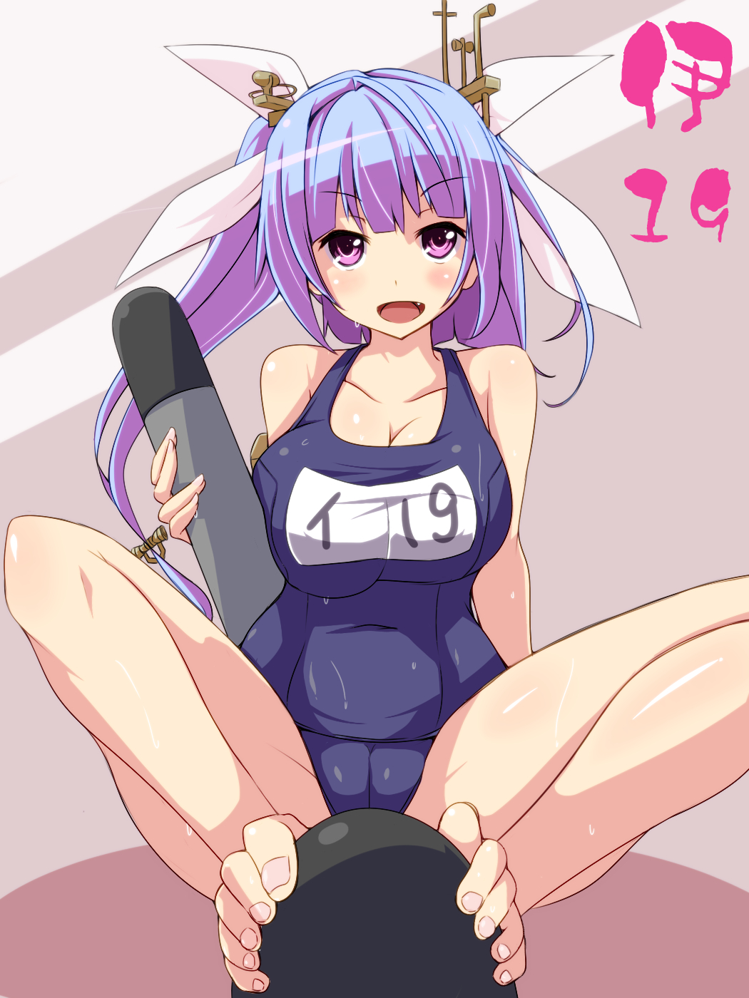 bare_shoulders barefoot breasts cameltoe cleavage fang feet highres holding holding_torpedo i-19_(kantai_collection) kantai_collection kichihachi large_breasts one-piece_swimsuit ponytail purple_eyes school_swimsuit smile solo swimsuit toenail_polish torpedo