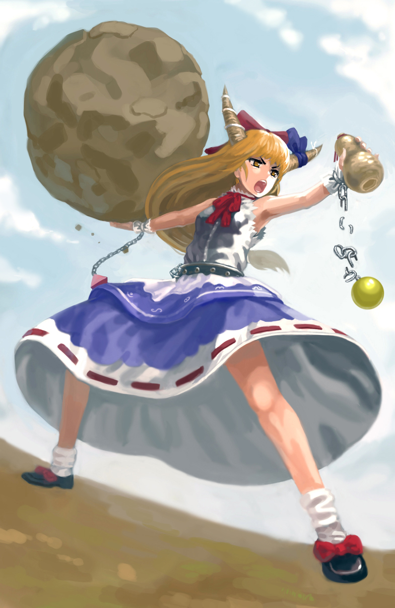 armpits bad_id bad_pixiv_id belt blue_sky boulder bow broken broken_chain chain cloud cuffs day from_below gourd hair_bow highres horn_ribbon horns ibuki_suika kfr long_hair low-tied_long_hair open_mouth orange_hair outdoors outstretched_arms pyramid_(geometry) ribbon shackles shirt shoe_ribbon shoes skirt sky sleeveless sleeveless_shirt socks solo sphere spread_legs touhou wrist_cuffs yellow_eyes