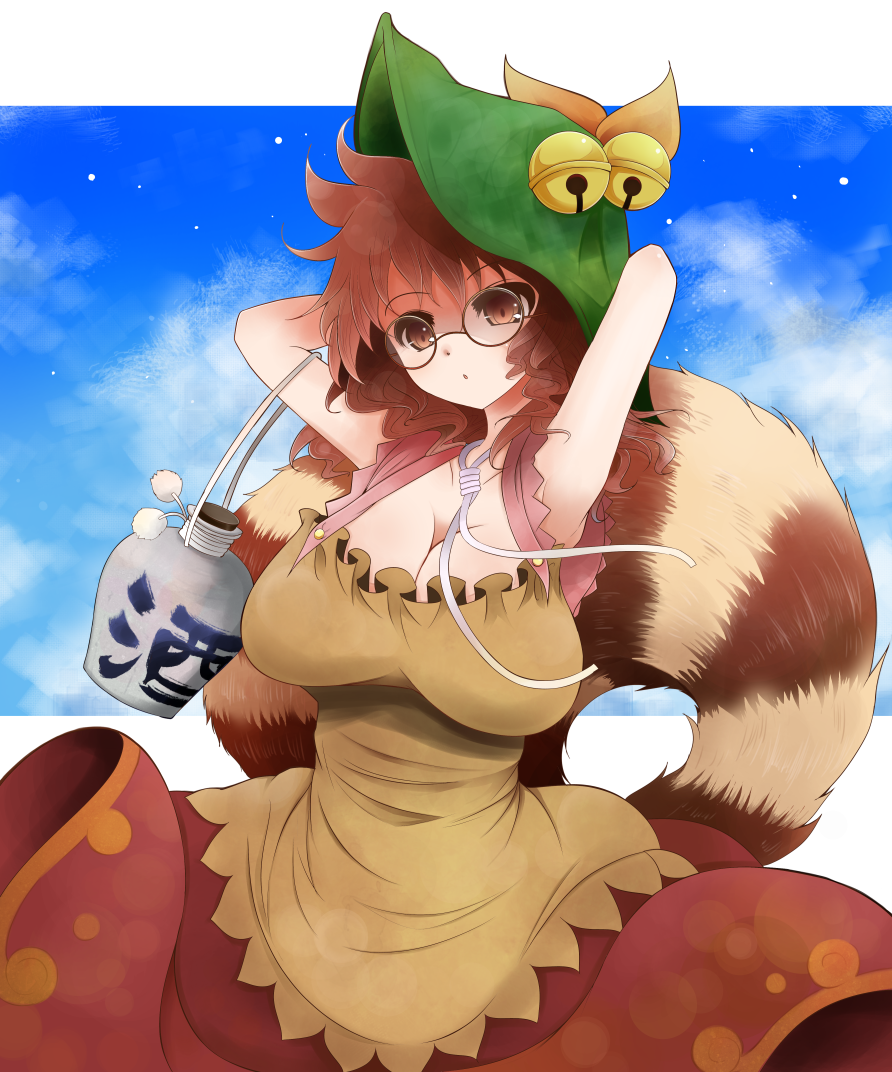 arano_oki arms_behind_head arms_up bell bottle breasts brown_eyes brown_hair cleavage collarbone futatsuiwa_mamizou glasses hat large_breasts raccoon_tail sake_bottle shirt skirt solo tail touhou