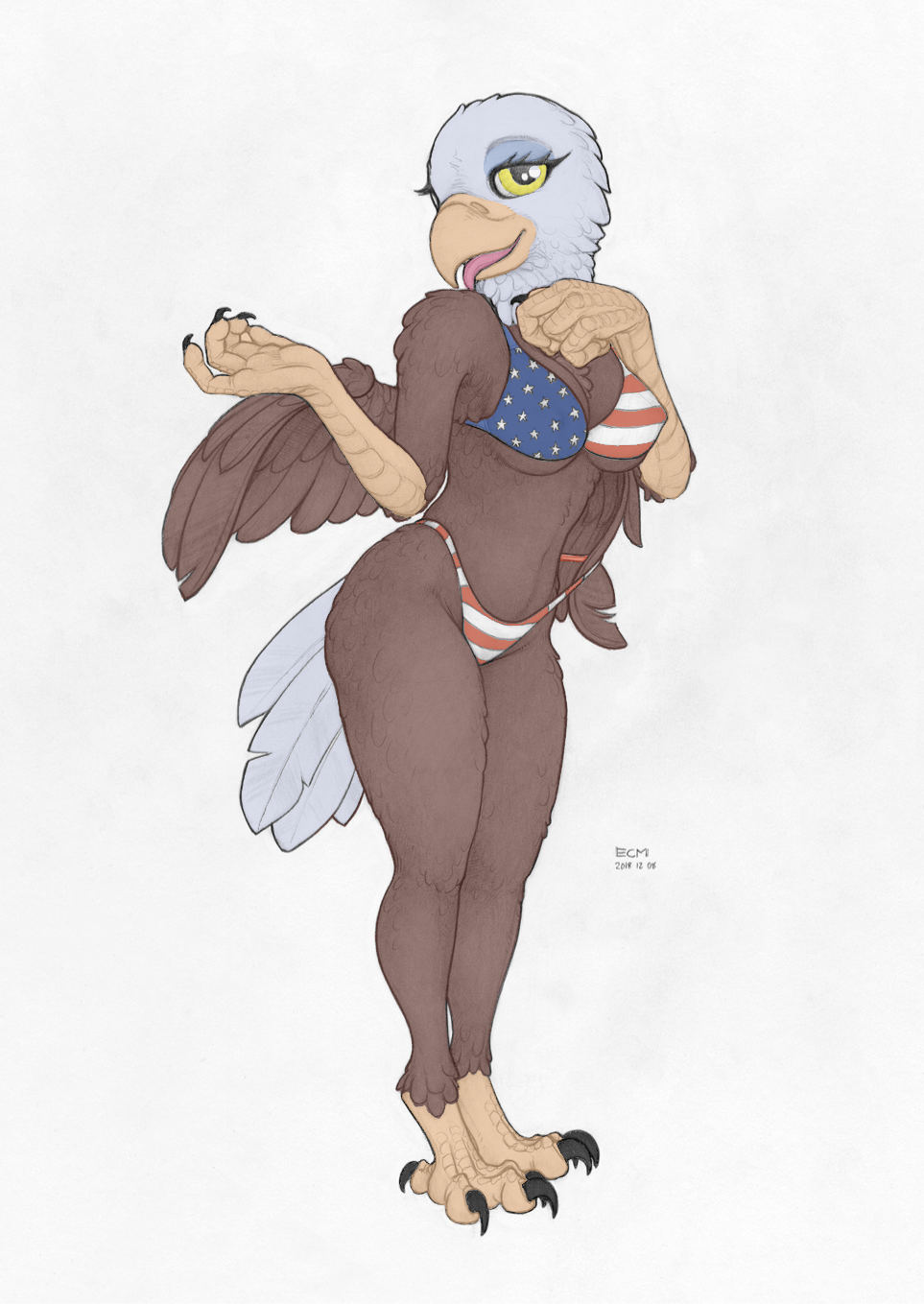 2019 anthro avian bald_eagle bikini bikini_pull bird breasts brown_feathers cleavage clothed clothing eagle ecmajor edit eyelashes feathers female healthcare_eagle hi_res looking_at_viewer non-mammal_breasts panties panty_pull smile solo swimsuit tongue tongue_out underwear united_states_of_america white_feathers wings