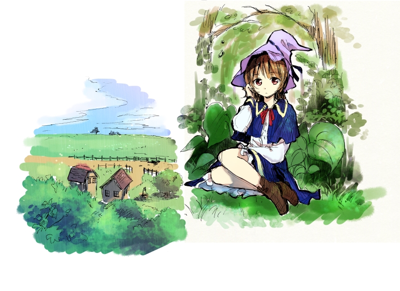 capelet fence grass hair_tucking hat house leaf makuwauri nature outdoors rural shoes sketch tree well