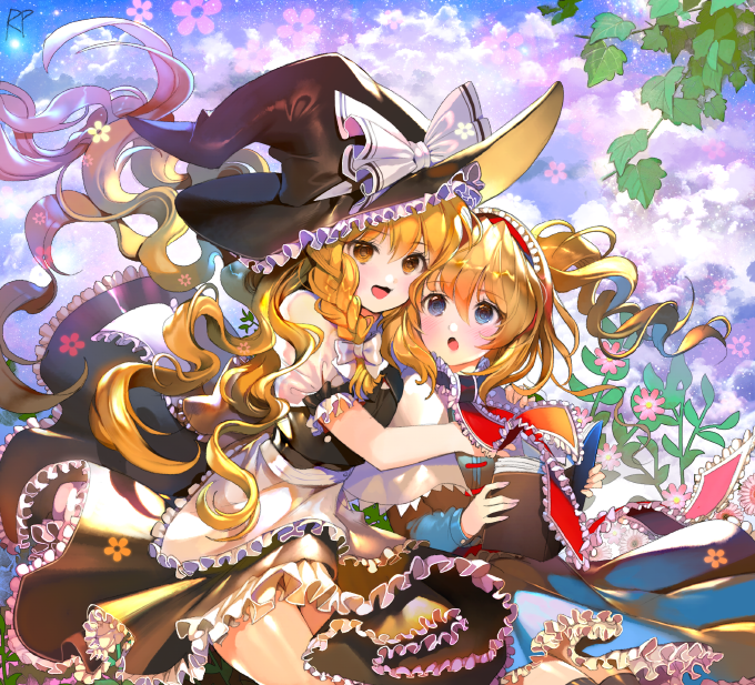 alice_margatroid apron blonde_hair blue_eyes blue_sky book bow braid capelet cloud flower hair_bow hairband hand_on_another's_chest hand_on_another's_shoulder hat hat_ribbon head_to_head hug hug_from_behind kirisame_marisa leaf light_particles lolita_hairband long_hair long_sleeves multiple_girls open_book open_mouth puffy_short_sleeves puffy_sleeves repi ribbon short_hair short_sleeves single_braid sitting skirt skirt_set sky touhou waist_apron witch_hat yellow_eyes