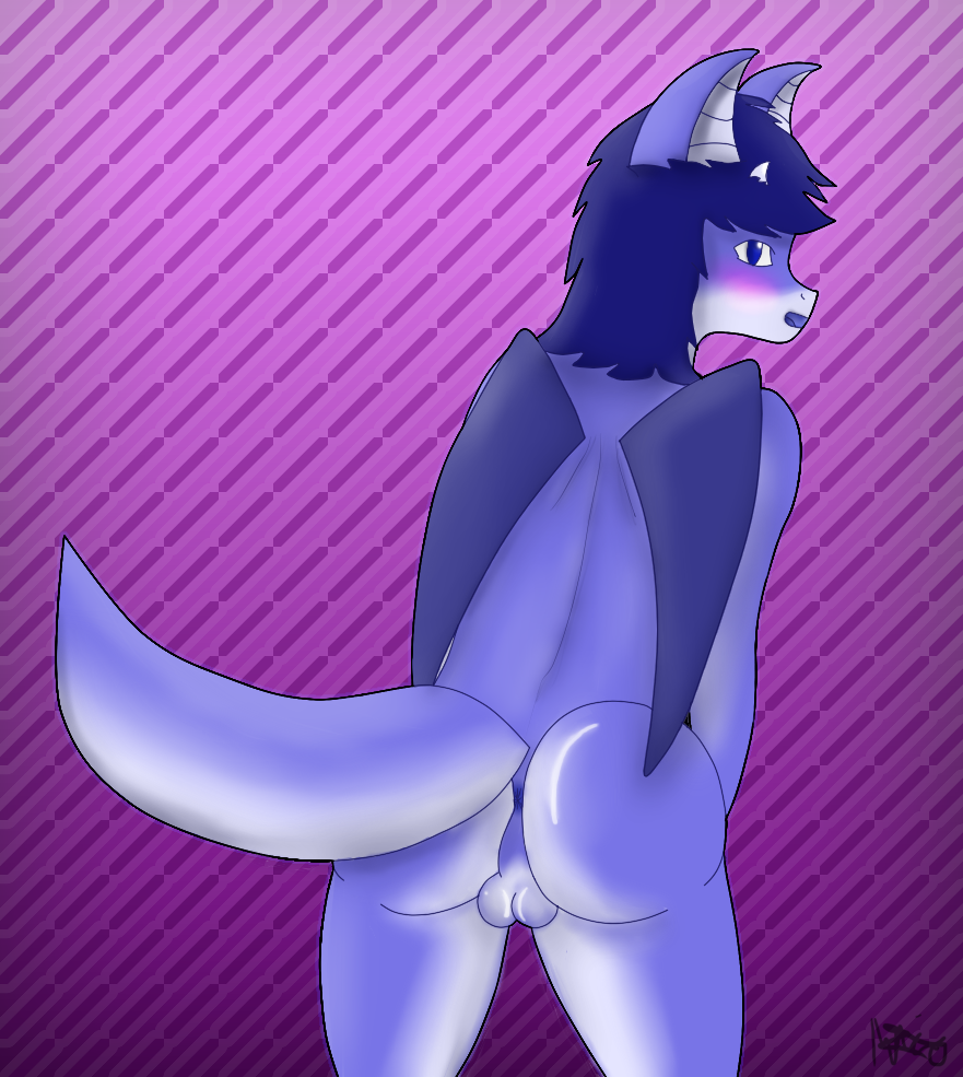 2013 anthro anus balls blue_eyes blue_fur blue_hair blush butt canine drace dracedragon dragon fur girly hair horn hybrid looking_at_viewer looking_back male nude open_mouth solo tongue wings wolf