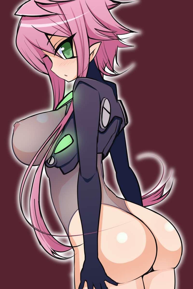 1girl artist_request ass blush bodysuit breasts cybernetic green_eyes highres huge_ass huge_breasts kageneko leotard long_hair nipples original pink_hair pointy_ears see-through sideboob succubus thong_leotard