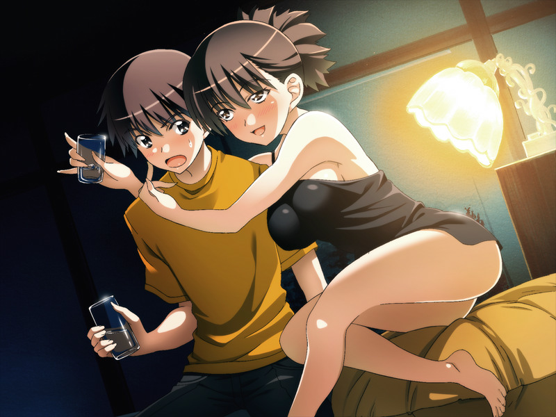1boy 1girl ass bare_shoulders barefoot bed black_eyes blush breasts brown_eyes brown_hair cup drink drunk dutch_angle feet game_cg green_green highres hug iino_chigusa indoors large_breasts legs lingerie open_mouth short_hair sitting smile thighs toes underwear