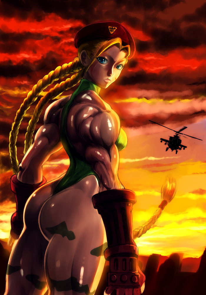 aircraft antenna_hair ass beret blonde_hair blue_eyes braid cammy_white camouflage elbow_gloves fingerless_gloves gloves hat helicopter leotard lips long_hair looking_back muscle muscular_female scar shiny shiny_skin shopyun solo street_fighter sunset thick_thighs thighs thong_leotard twin_braids
