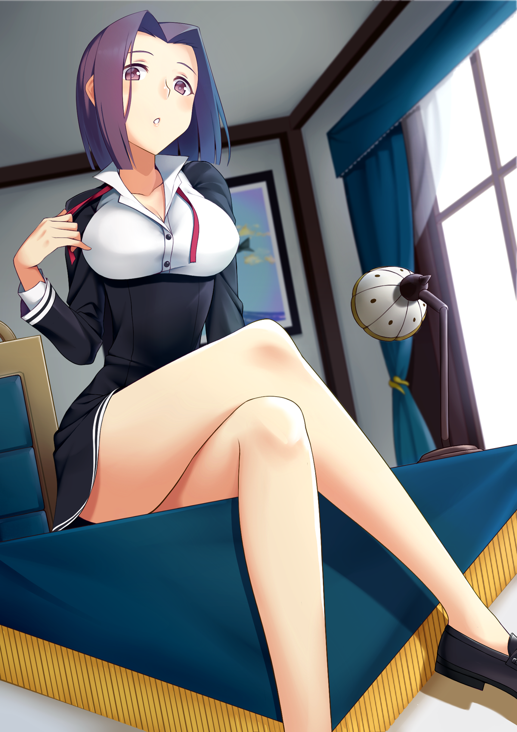 bad_id bad_pixiv_id bare_legs blush breasts crossed_legs dress dutch_angle highres kantai_collection lamp large_breasts legs looking_at_viewer on_table purple_eyes purple_hair school_uniform short_dress sitting solo table tatsuta_(kantai_collection) tsuchifumazu