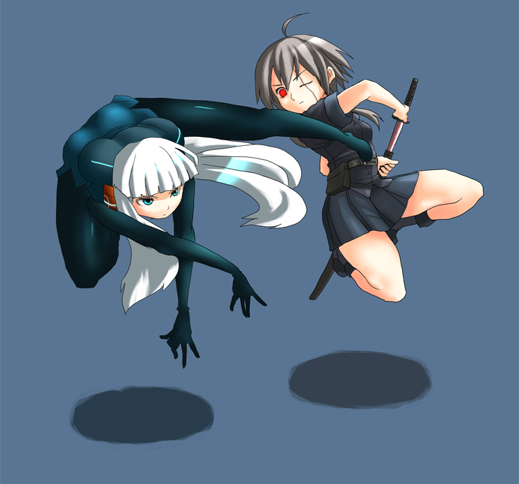 ahoge attack bangs battle belt belt_pouch blue_eyes blue_legwear blunt_bangs bodysuit boots borrowed_character breasts crossed_arms drawing_sword duel electro_emilia grey_hair headgear hinomaru_(kotoba) katana ken_(koala) kicking knees legs long_hair medium_breasts midair missing_eye multiple_girls neon_trim original pantyhose ponytail pouch red_eyes scar scar_across_eye sheath shiny shiny_hair short_sleeves sidelocks skirt straight_hair sword thighs unsheathing weapon white_hair