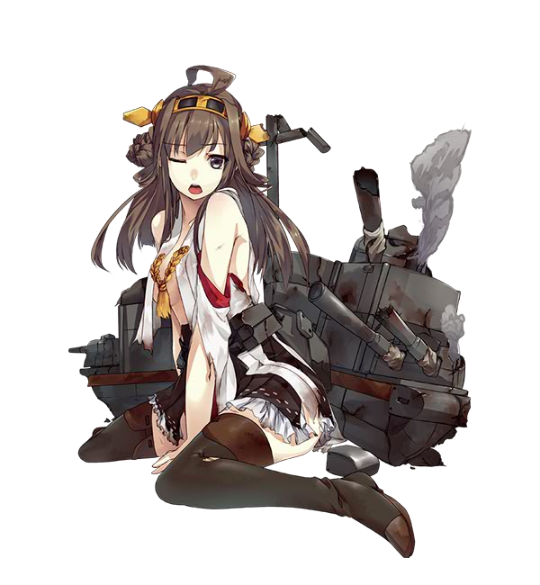 ahoge bare_shoulders black_eyes black_hakama black_legwear boots breasts brown_hair cannon full_body hair_bun hakama hakama_skirt headgear high_heels japanese_clothes kantai_collection kongou_(kantai_collection) konishi_(koconatu) long_hair medium_breasts nontraditional_miko official_art open_mouth ribbon-trimmed_sleeves ribbon_trim sideboob sitting smoke solo thigh_boots thighhighs torn_clothes transparent_background turret wariza