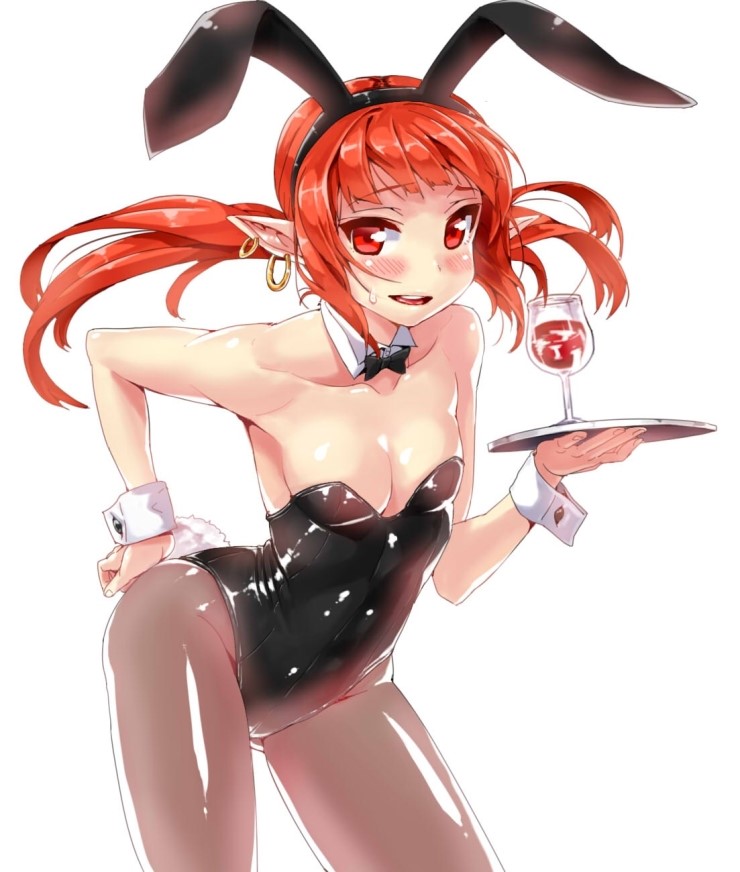 animal_ears bent_over blush breasts bunny_ears bunny_girl bunny_tail bunnysuit collarbone contrapposto cowboy_shot cup detached_collar drinking_glass dungeon_and_fighter earrings fake_animal_ears floating_hair hand_on_hip hoop_earrings jewelry looking_at_viewer mage_(dungeon_and_fighter) mx2j_(nsh6394) open_mouth pantyhose pointy_ears red_eyes red_hair small_breasts solo standing sweatdrop tail tray twintails wine_glass wrist_cuffs