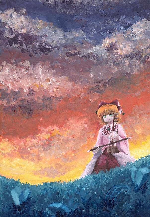 bow brooch cloud cloudy_sky commentary dress erhu grass green_eyes hair_bow jewelry kitsuzue_mika layered_dress leaf long_sleeves orange_hair parted_lips satsuki_rin short_hair sitting sky solo touhou twilight wide_sleeves