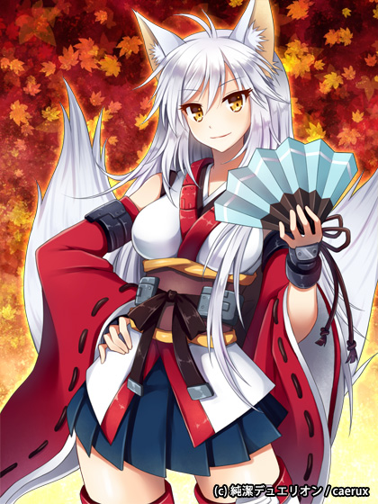 animal_ears detached_sleeves fan fox_ears fox_tail japanese_clothes junketsu_duelion long_hair mauve multiple_tails original solo tail thighhighs white_hair yellow_eyes