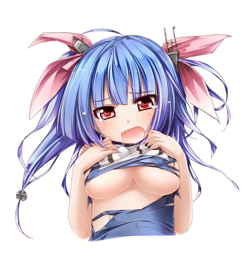 blue_hair breasts hair_ribbon i-19_(kantai_collection) kantai_collection large_breasts moegi_nenene open_mouth red_eyes ribbon school_swimsuit simple_background solo swimsuit tears torn_clothes torn_swimsuit twintails underboob white_background
