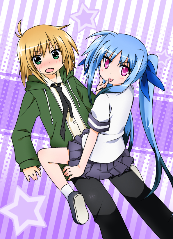 1girl ahoge black_pants blonde_hair blue_hair flush green_coat green_eyes jiang-ge lyrical_nanoha mahou_shoujo_lyrical_nanoha mahou_shoujo_lyrical_nanoha_a's mahou_shoujo_lyrical_nanoha_a's_portable:_the_gears_of_destiny material-l miniskirt mount necktie pants purple_eyes shirt skirt yuuno_scrya