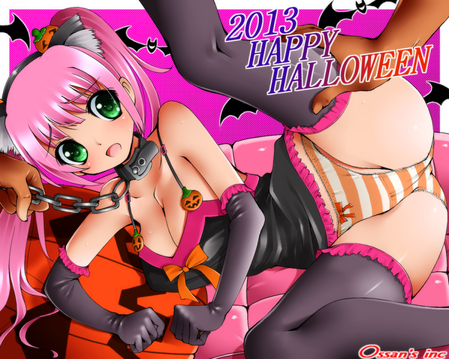 breasts chain cleavage collar disembodied_limb dr_rex elbow_gloves gloves green_eyes halloween large_breasts leash long_hair original panties pink_hair solo_focus striped striped_panties thighhighs twintails underwear