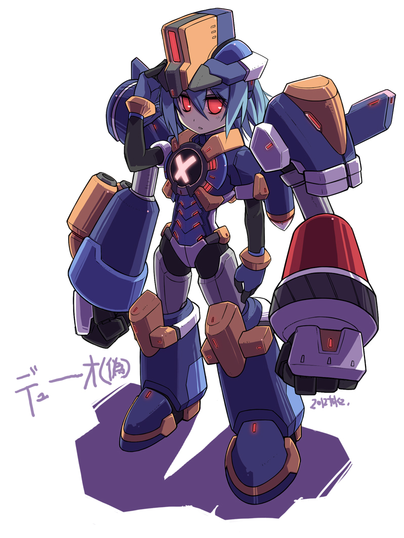 blue_hair duo_(rockman) full_body hakoniwa_tsuka looking_at_viewer male_focus red_eyes rockman_online simple_background solo white_background