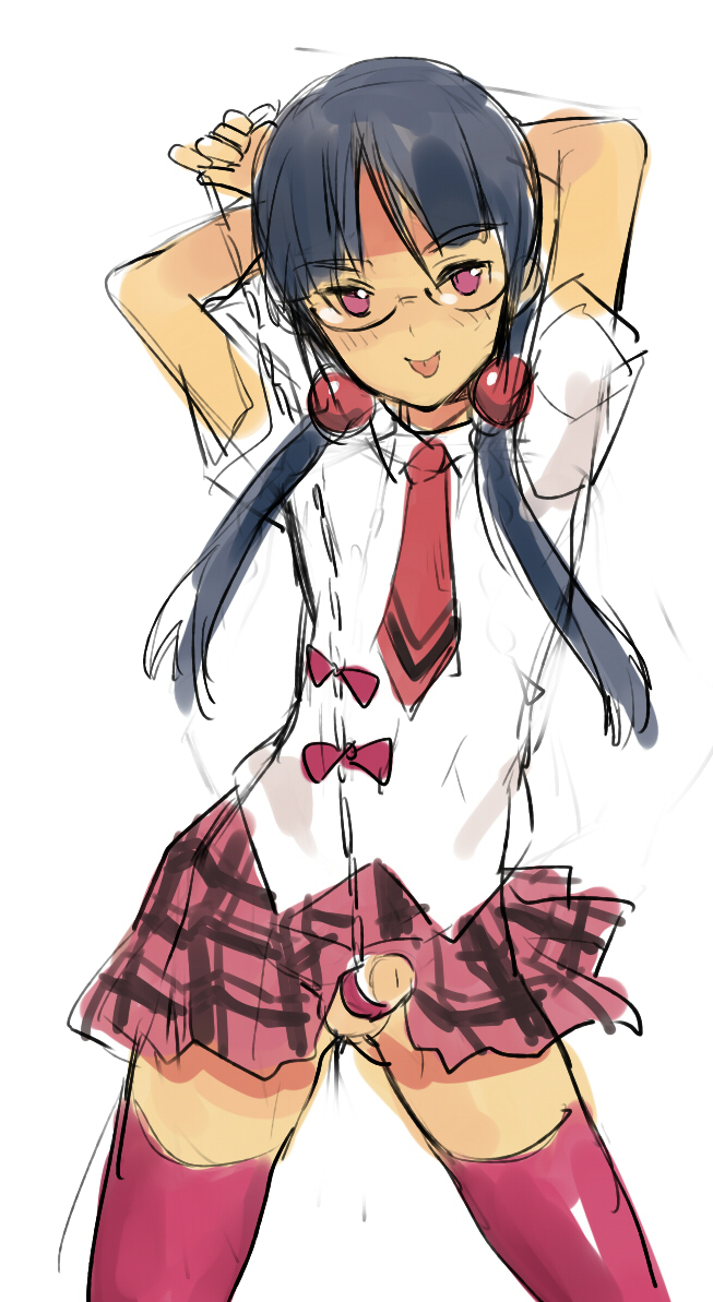 androgynous arms_up blush coin_rand crossdressing glasses long_hair male_focus no_pupils original otoko_no_ko penis pink_eyes pleated_skirt school_uniform sketch skirt solo thighhighs tongue white_background