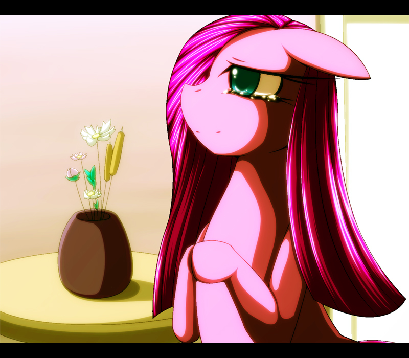 c-d-i equine female feral flower friendship_is_magic fur hair horse long_hair mammal my_little_pony pink_fur pink_hair pinkamena_(mlp) pinkie_pie_(mlp) pony smile solo table tears vace vase
