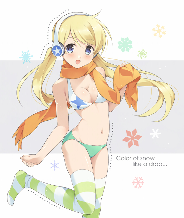 :d bad_id bad_pixiv_id bikini blonde_hair blue_eyes blush breasts cleavage engrish headphones long_hair looking_at_viewer medium_breasts nagijin navel open_mouth orange_scarf original ranguage scarf shiny shiny_skin skindentation smile solo standing standing_on_one_leg striped striped_legwear swimsuit thighhighs twintails