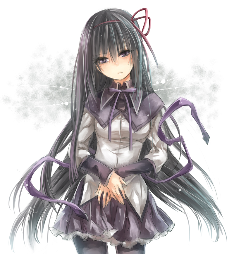 akemi_homura bad_id bad_pixiv_id black_hair hair_ribbon long_hair looking_at_viewer mahou_shoujo_madoka_magica nyundai_(ibr) purple_eyes ribbon skirt solo very_long_hair