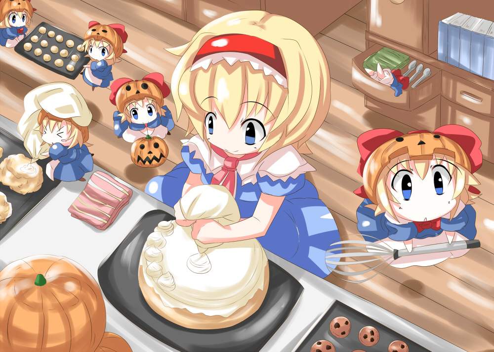 &gt;_&lt; :&lt; alice_margatroid apron baking baking_sheet blonde_hair blue_eyes blush_stickers book bow cake capelet closed_eyes cookie drawer dress flying food from_above hair_bow hairband icing jack-o'-lantern kikurage_(sugi222) kitchen lolita_hairband looking_at_viewer puffy_short_sleeves puffy_sleeves pumpkin rag ribbon shanghai_doll short_hair short_sleeves smile solo spoon touhou waist_apron whisk wooden_floor