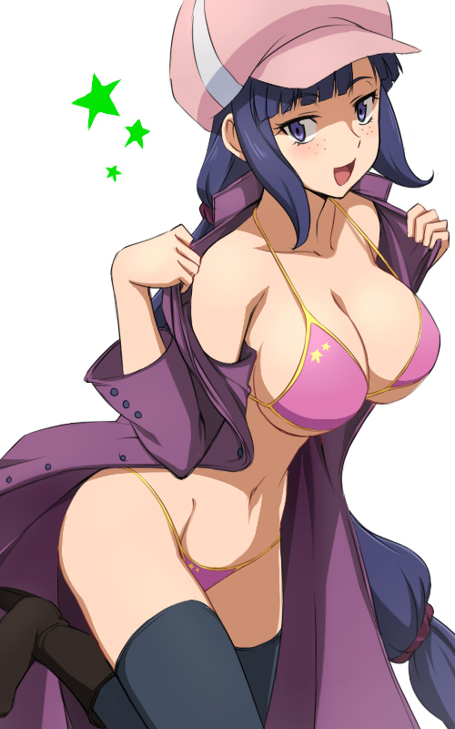 bikini black_legwear blush boots breasts cleavage coat freckles gundam gundam_build_fighters hat large_breasts long_hair looking_at_viewer mihoshi_(gundam_bf) navel open_clothes open_mouth overcoat purple_bikini purple_eyes purple_hair samidaredou smile solo strap_gap swimsuit thighhighs very_long_hair