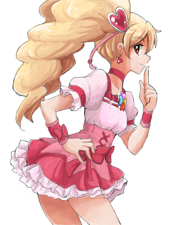 blonde_hair bow choker cure_peach dress earrings fresh_precure! frills hair_ornament hand_on_hip happy heart heart_hair_ornament jewelry long_hair magical_girl momozono_love pink_bow pink_choker pink_eyes precure red_eyes simple_background smile solo twintails uraki white_background wrist_cuffs