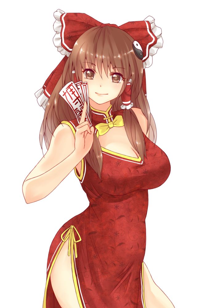 alternate_costume bad_id bad_pixiv_id bow breasts brown_eyes brown_hair china_dress chinese_clothes cleavage dress hair_bow hair_ornament hair_tubes hakurei_reimu holding large_breasts long_hair looking_at_viewer ofuda simple_background smile solo touhou white_background x&amp;x&amp;x yin_yang