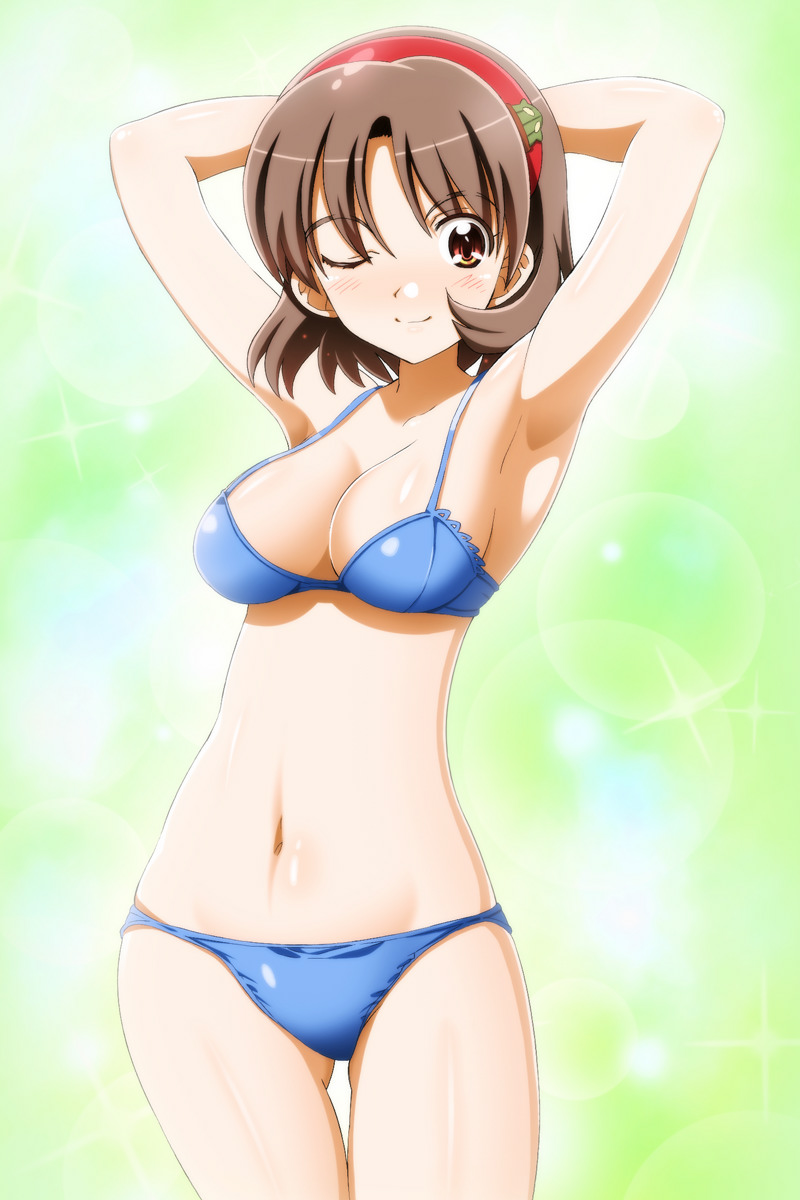 1girl armpits arms_up blush bra breasts brown_hair cleavage game_cg green_green hairband highres kuchiki_wakaba large_breasts legs looking_at_viewer navel panties red_eyes short_hair simple_background smile solo standing thighs underwear wink