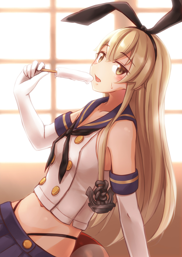 aoi_usagi bad_id bad_pixiv_id bare_legs black_panties blonde_hair blush brown_eyes elbow_gloves food gloves ice_cream kantai_collection long_hair looking_at_viewer midriff panties pleated_skirt school_uniform serafuku shimakaze_(kantai_collection) skirt solo underwear