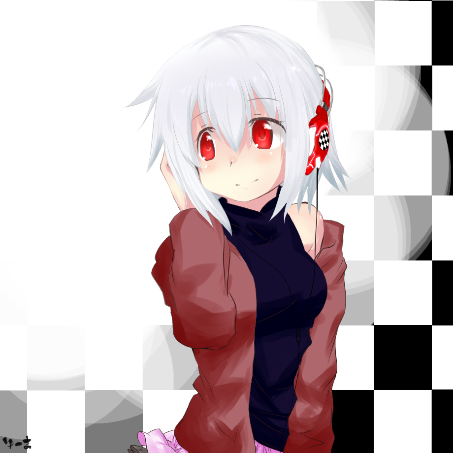 adyisu altair_floone bad_id bad_pixiv_id blush checkered checkered_background headphones looking_back original red_eyes smile solo white_hair