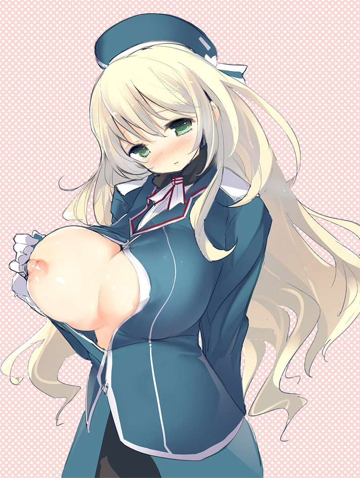 areola_slip areolae atago_(kantai_collection) black_legwear blonde_hair blush breast_slip breasts bursting_breasts green_eyes hat kaede_(sayappa) kantai_collection large_breasts long_hair military military_uniform nipples one_breast_out open_mouth pantyhose solo unbuttoned uniform