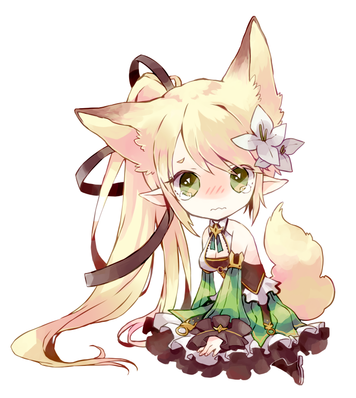 animal_ears blonde_hair blush chibi detached_sleeves dress elsword flower fox_ears fox_tail green_eyes green_sleeves hair_flower hair_ornament kemonomimi_mode lily_(flower) long_hair mito_(rscrsc) no_nose ponytail rena_(elsword) solo tail tears wavy_mouth white_background wind_sneaker_(elsword)