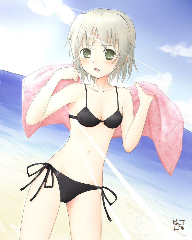 beach bikini blush breasts cleavage cloud day dutch_angle green_eyes hanyu light_rays navel ocean open_mouth outdoors sanya_v_litvyak short_hair side-tie_bikini signature silver_hair sky small_breasts solo strike_witches string_bikini sunbeam sunlight swimsuit towel water world_witches_series