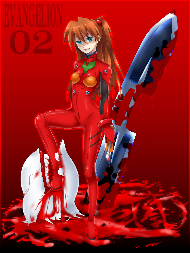 blood blue_eyes boxcutter double-blade knife long_hair mass_production_eva neon_genesis_evangelion non-web_source plugsuit red_hair severed_head smile souryuu_asuka_langley sword weapon