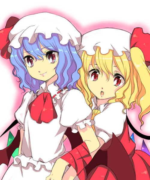 :o ascot chigo crystal dress flandre_scarlet hat looking_at_viewer mob_cap multiple_girls parted_lips puffy_short_sleeves puffy_sleeves red_dress red_eyes remilia_scarlet short_sleeves siblings simple_background sisters touhou white_background wings