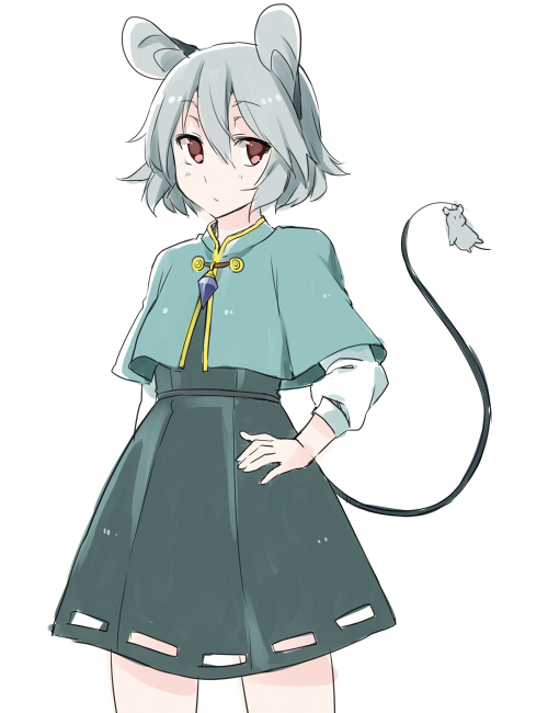 akagashi_hagane animal_ears bad_id bad_pixiv_id capelet grey_hair hand_on_hip jewelry mouse mouse_ears mouse_tail nazrin pendant red_eyes short_hair simple_background skirt solo tail touhou white_background