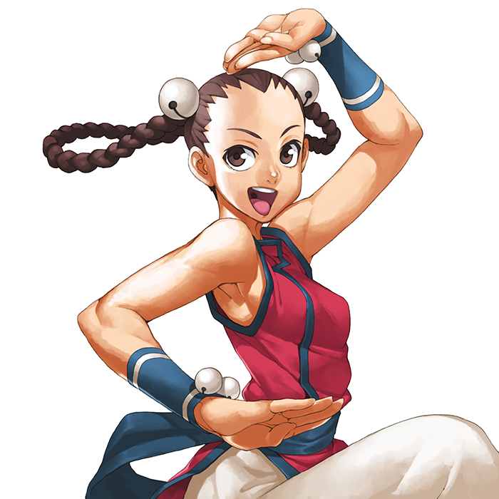 bell bracer braid breasts brown_eyes chinese_clothes hair_bell hair_ornament hair_rings li_xiangfei open_mouth sash small_breasts solo standing standing_on_one_leg takoyaki_neko-san the_king_of_fighters twin_braids upper_body
