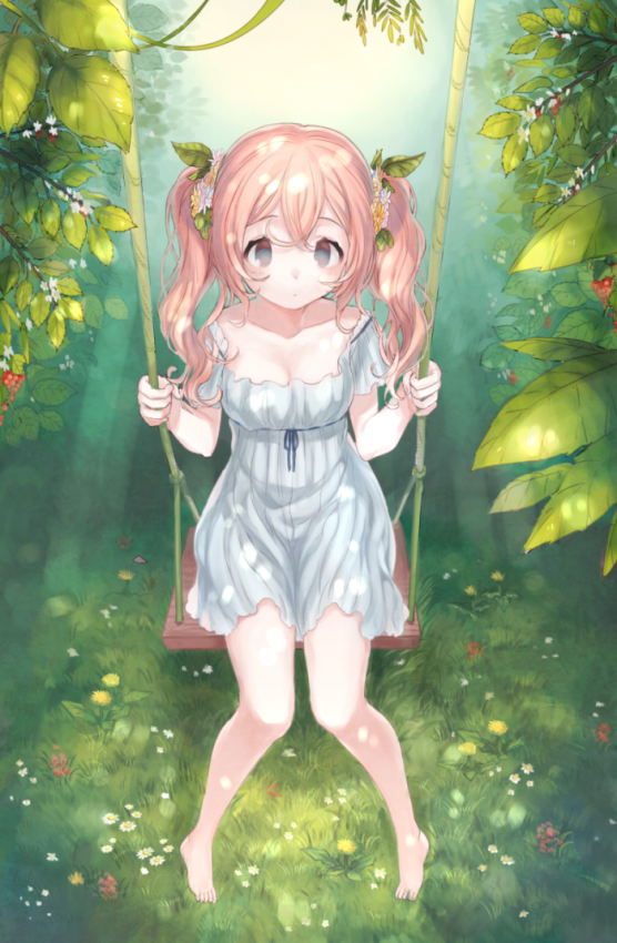 barefoot black_eyes dress flower grass hair_flower hair_ornament long_hair mimizubare orange_hair original solo swing twintails