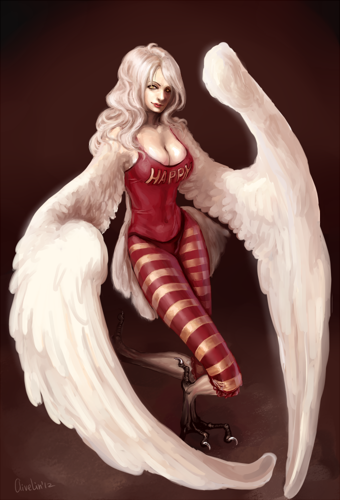 2012 aivelin alternate_color alternate_hair_color breasts cleavage clothes_writing feathered_wings feathers harpy large_breasts lipstick makeup monet_(one_piece) monster_girl one_piece panties_over_clothes pants shirt signature solo striped striped_pants tail_feathers talons tank_top taut_clothes taut_shirt white_hair wings yellow_eyes
