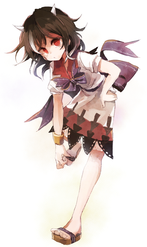 black_hair bow cuffs dress full_body hisona_(suaritesumi) horns kijin_seija looking_at_viewer multicolored_hair outstretched_arm red_eyes red_hair ribbon sandals short_hair short_sleeves simple_background solo touhou white_background white_hair