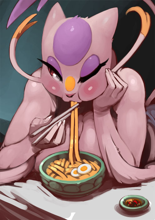 anthro big_breasts bittenhard breasts chopsticks cleavage clothed clothing eating female food japan lying mienshao nintendo noodles on_front one_eye_closed pok&#233;mon pok&#233;morph pok&eacute;mon ramen red_eyes solo topless udon video_games