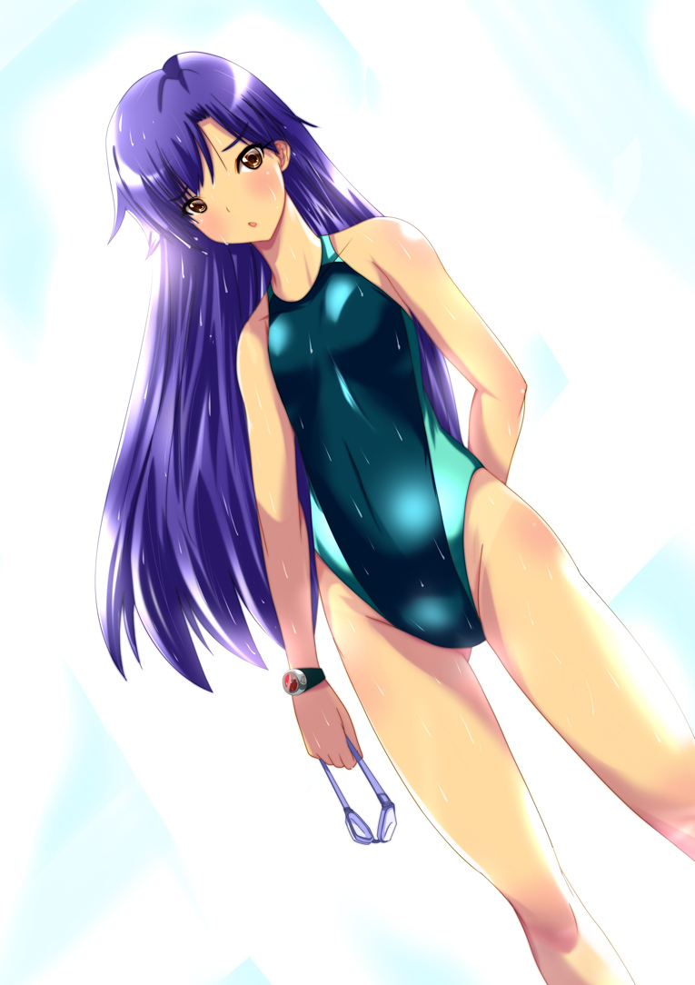 blue_hair brown_eyes competition_swimsuit goggles goggles_removed idolmaster idolmaster_(classic) kisaragi_chihaya long_hair nogguu one-piece_swimsuit swimsuit watch