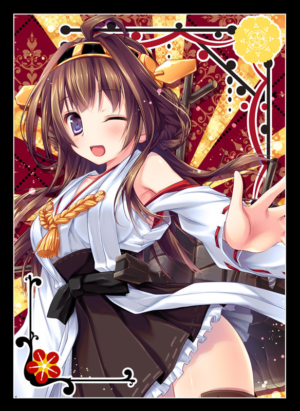 ;d ahoge banned_artist boots brown_hair detached_sleeves frilled_skirt frills hair_ornament hairband kantai_collection kongou_(kantai_collection) konomi_(kino_konomi) long_sleeves looking_at_viewer nontraditional_miko one_eye_closed open_mouth pleated_skirt purple_eyes ribbon_trim skirt smile solo thigh_boots thighhighs wide_sleeves zettai_ryouiki